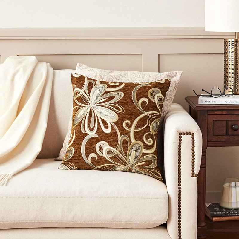 Brown Floral Embroidered Linen Square Throw Pillow