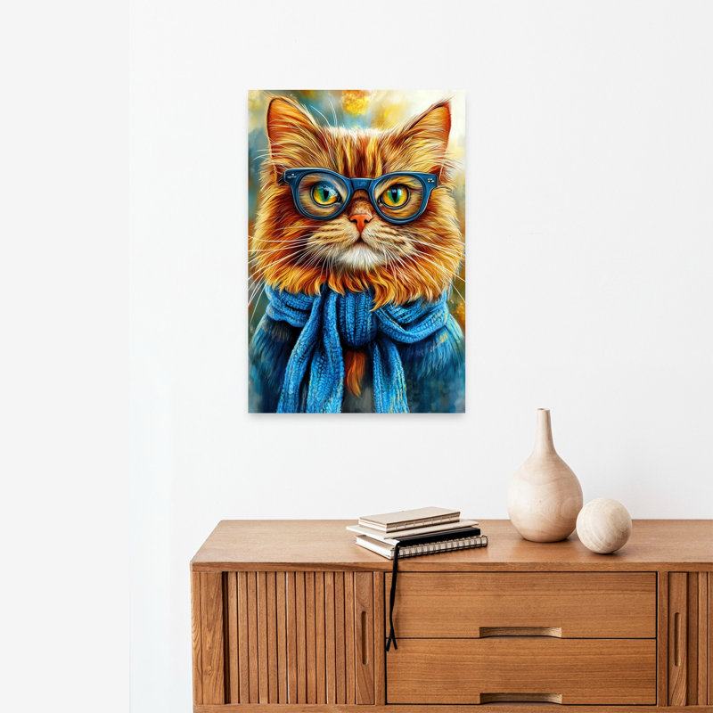Hipster Cat 16 Contemporary Cat Wall Art Print 1 Piece Wrapped Canvas Wall Art, 60.96cm H x 40.64cm W