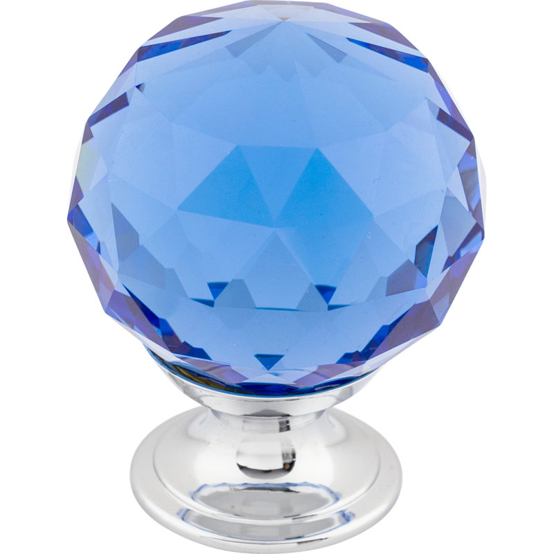 Clear Crystal 1 3/8" Diameter Round Knob, Polished Chrome, Blue