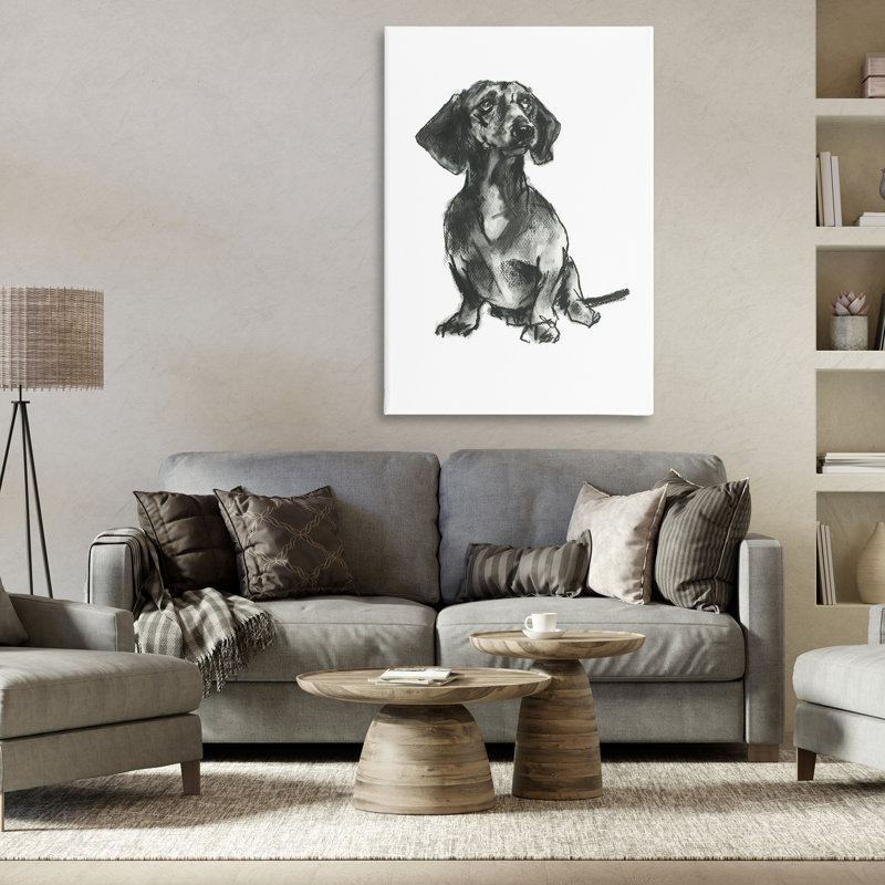 Dessin de teckel assis sur toile par Cartissi, H 36 po x l 24 po x P 1,5 po