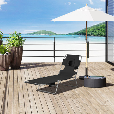 5-level Adjustable Patio Chair With Face Hole, Arm Slots, Pillow And Black Appearance Sun Lounger Armrest Space, Pillow,