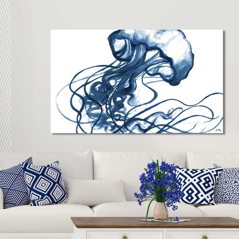 «Jelly Fish in Blue», reproduction de peinture à l'aquarelle, H 18 po x l 30 po x P 1 po, Toile tendue