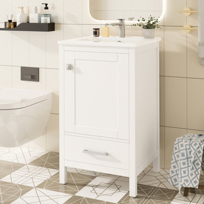Meuble-lavabo moderne de 20 pouces avec lavabo en céramique, tiroir et porte à fermeture en douceur, organisateur de porte double couche, tiroir de séparation, patins réglables - conception de rangement peu encombrante