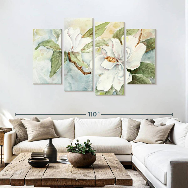 Branche de magnolia Harnek, aquarelle blanche, H 54 po x l 84 po