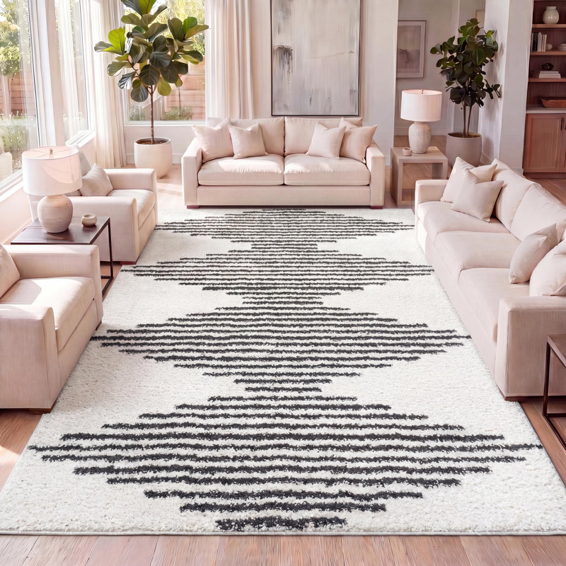 Tapis blanc / gris à poils longs à rayures géométriques Collenn, Rectangle 4pi x 6 pi