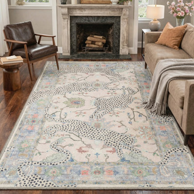 Allandale Silvan Animal Print Machine Washable Grey / Beige / Blue Indoor Area Rug with Non-Slip Backing