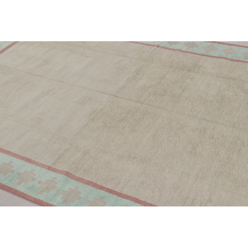 Rug & Kilim’S Contemporary Dhurrie Rug In Beige With Light Blue And Rose Border