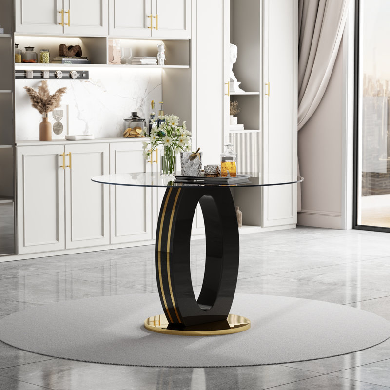 Table de salle à manger de 47,2 po en verre transparent de luxe moderne pour 4 à 6 personnes, table de cuisine moderne avec plateau en verre trempé et pieds en acier inoxydable, table de salle à manger circulaire pour la maison, le salon, l’appartement