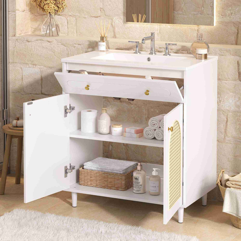 Meuble-lavabo avec tablette réglable, Blanc / Doré