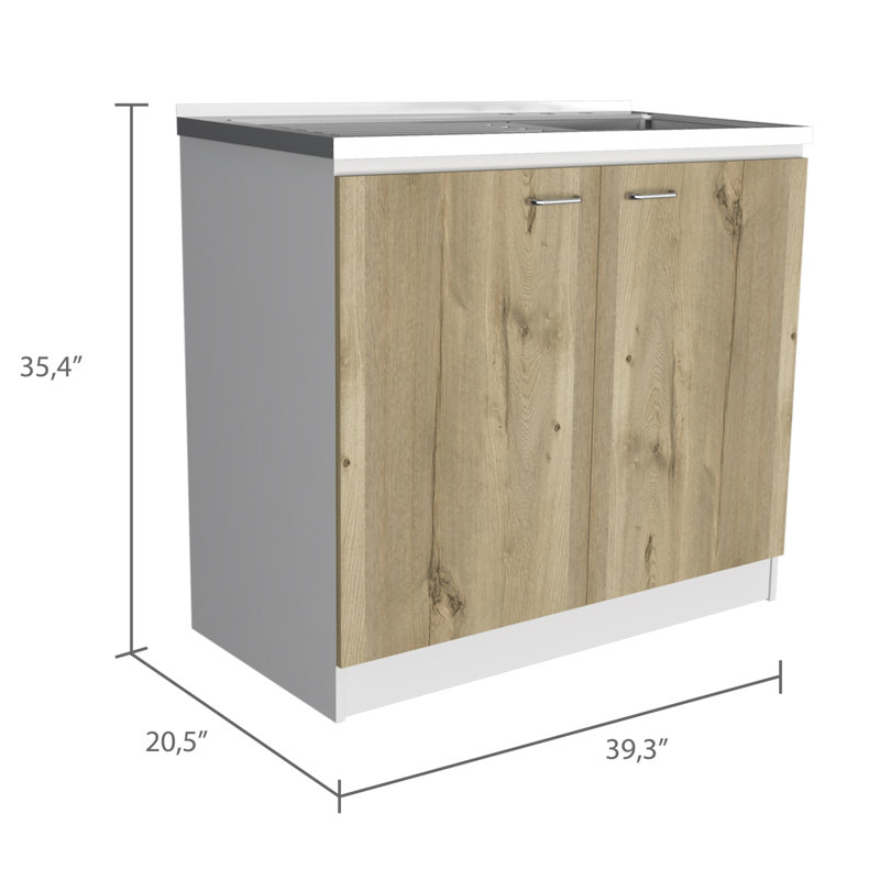 Lavabo utilitaire rectangulaire blanc 2 portes et chêne clair, Beige