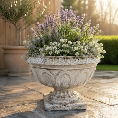 Outdoor Planter, Garden Decoration, MGO Material, Classical Roman-style Planter, Carved Decorations, Antique White