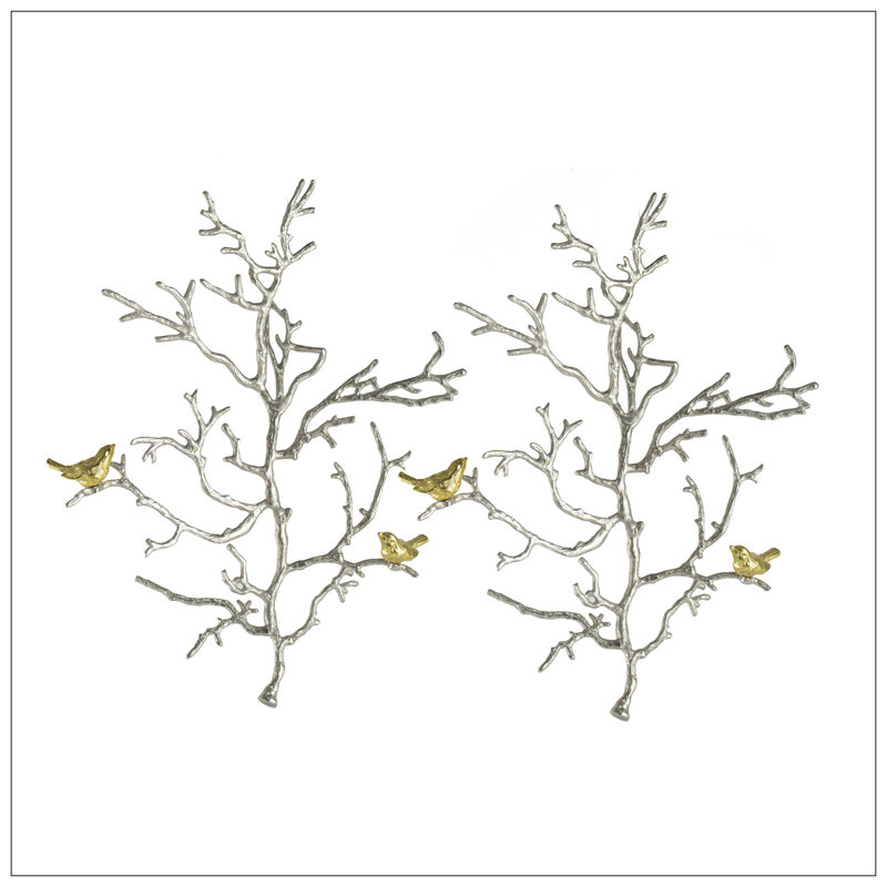 Metal Branch Wall Sculptures With Bird Accents, Set Of 2