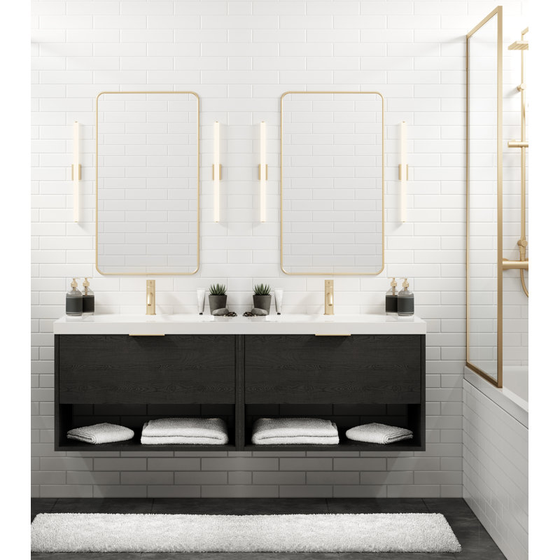 Modo 72" W Wall Mounted Double Bathroom Vanity, Polished Nickel, Charred, Matte White/Single