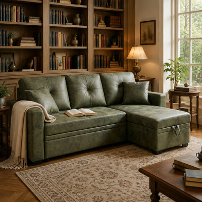 Olive Green L-Shaped Sectional Sleeper Sofa, Pull-Out Bed, Reversible Chaise & Hidden Storage, Small Space Solution