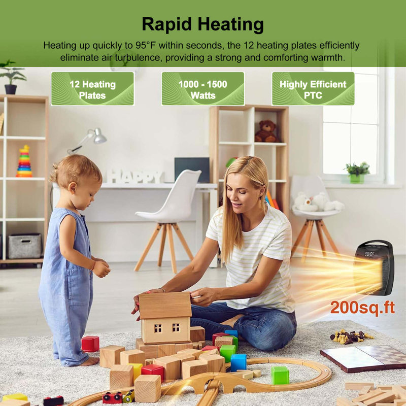 1500w Portable Ceramic Space Heater With Digital Display, Touch Controls, Safety Protection, Handle For Home & Office