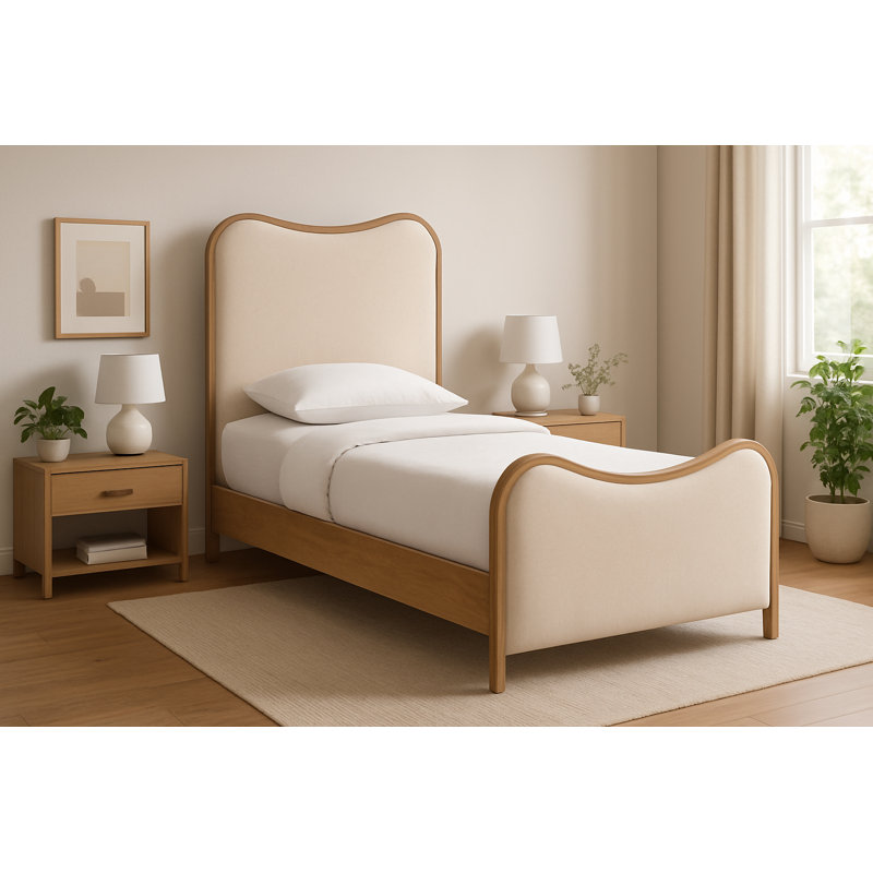 Arvada Harvill Vegan Leather Upholstered Bed, Cream Vegan Leather / Brushed Natural, Twin
