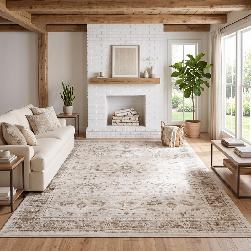 Tapis floral rétro vieilli, Beige, 8 x 10 pi