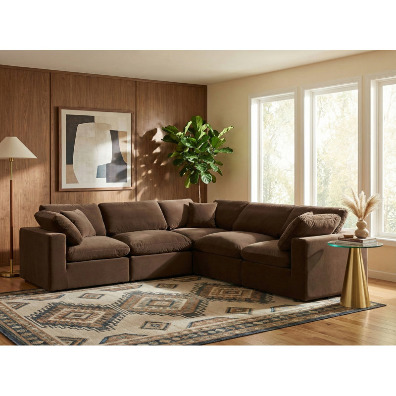 Isshak Velvet L-Shaped Sectional Reversible, Brown Velvet