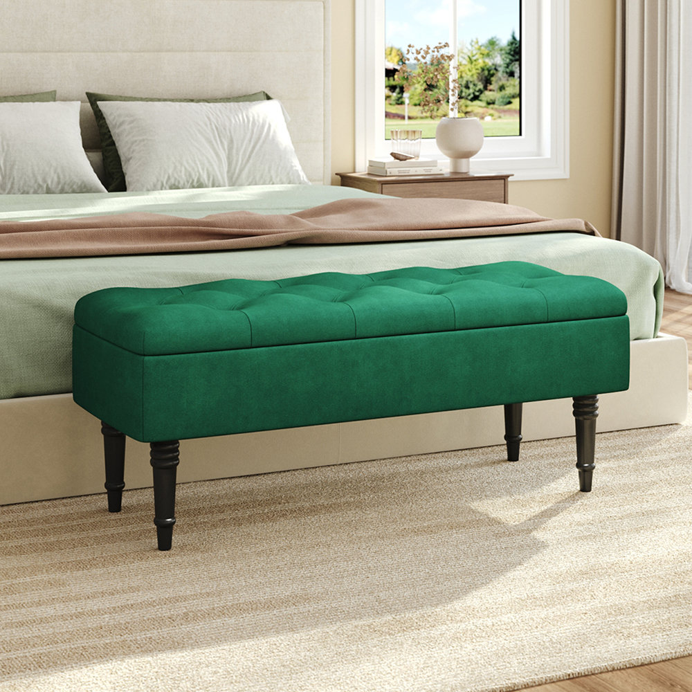 Green upholstered storage bench discount