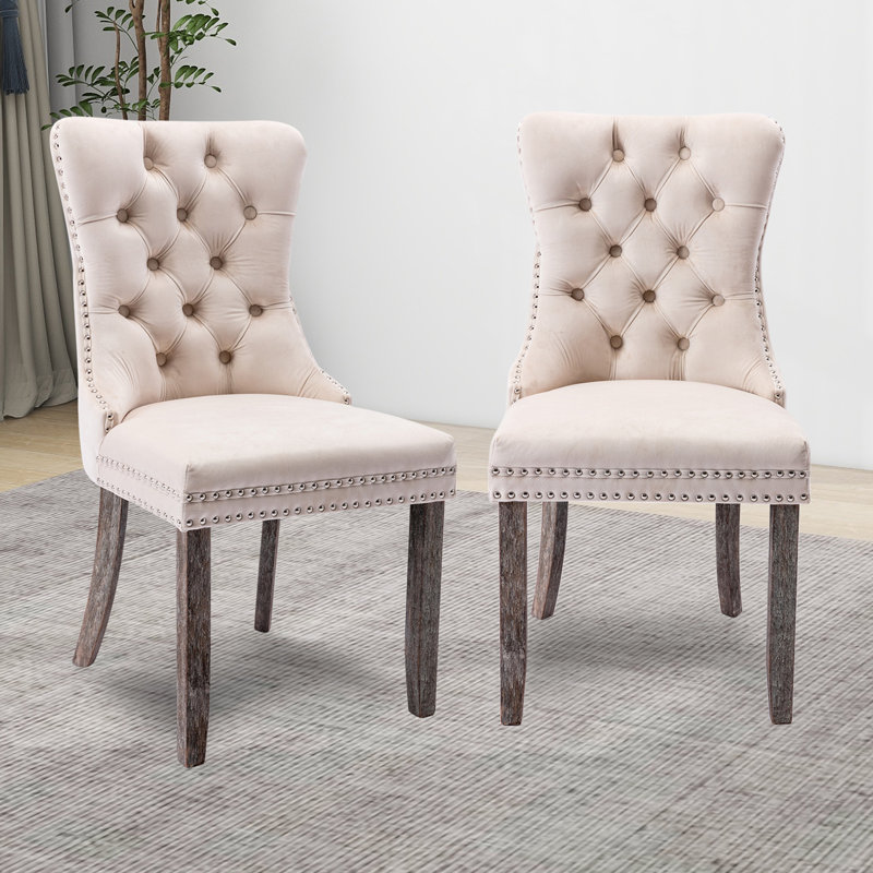 Velvet Tufted Accent Chair with Nailhead Trim & Back Ring Detail, Set of 2，Vintage Wooden Legs for Living Room & Dining Space(Beige)