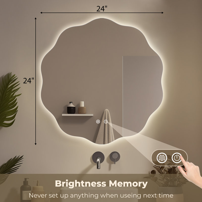 LED Bathroom Round Mirror with Light – Anti-Fog and Adjustable Color Lighting, 24" H x 24" W x 1" D