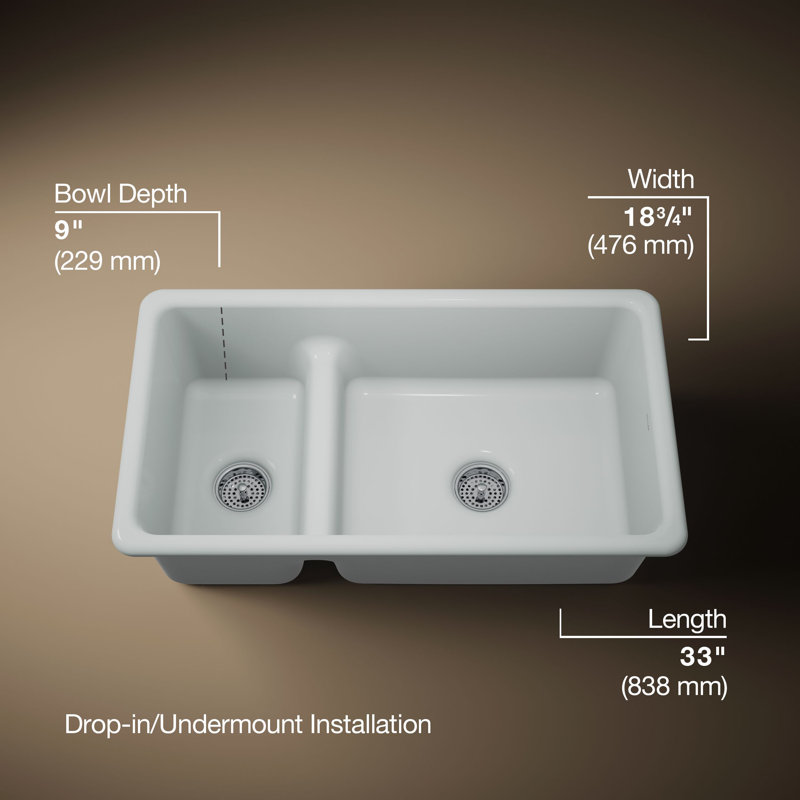 Iron Tones 33" L x 18.75" W Large/Medium Double-Bowl Kitchen Sink, Ice Grey