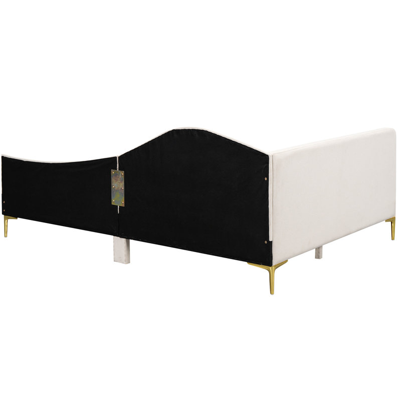 Lit de jour double avec revêtement beige, tête de lit, accoudoirs et pieds robustes - Tête de lit élégante et polyvalente, confortable