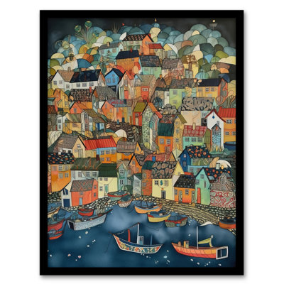 Seaside Town Port Folk Colourful Coastal 1 Piece Single Picture Frame Wall Art