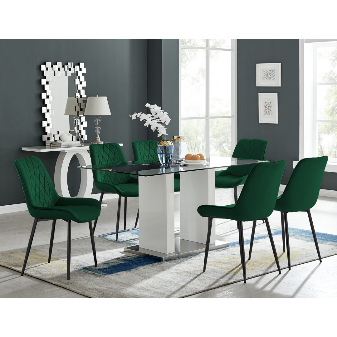 Ransart Modern Luxury Glass & Metal Dining Table Set With 6 Luxury Velvet Dining Chairs