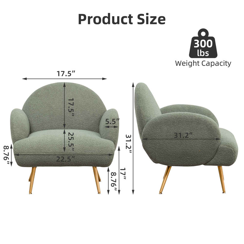 Eleese Teddy Upholstered Armchair, Modern Accent Chair with Metal Legs, Green Velvet, Gold