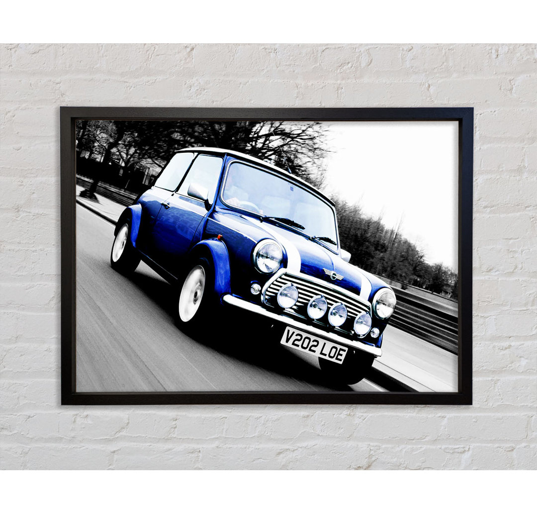 Mini Cooper Retro Blau - Einzelner Bilderrahmen Kunstdrucke auf Leinwand