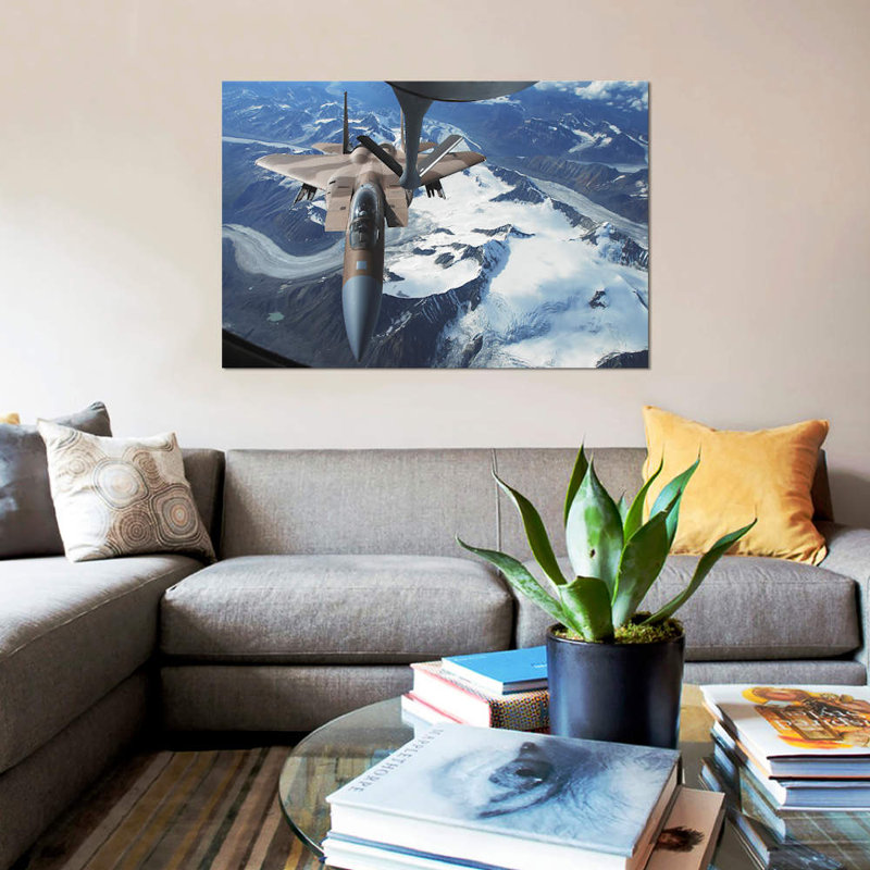 " An F-15C Eagle Aircraft Sits Behind a KC-135R Stratotanker " Print, 12" H x 18" W x 1.5" D, Wrapped Canvas, No Mat