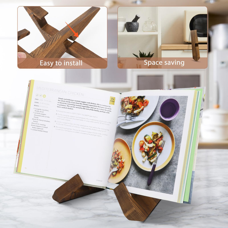 Wooden Cookbook Display Stand Holder - Adjustable, Foldable
