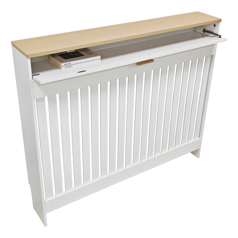 Cache-radiateur moderne avec tiroir, caisson de chauffage en MDF blanc à lattes et dessus texturé bois naturel