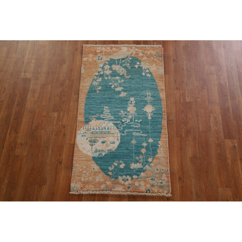 Tapis vert en laine noué à la main de conception unique 2 pi 0 po x 4 pi 0 po New Age