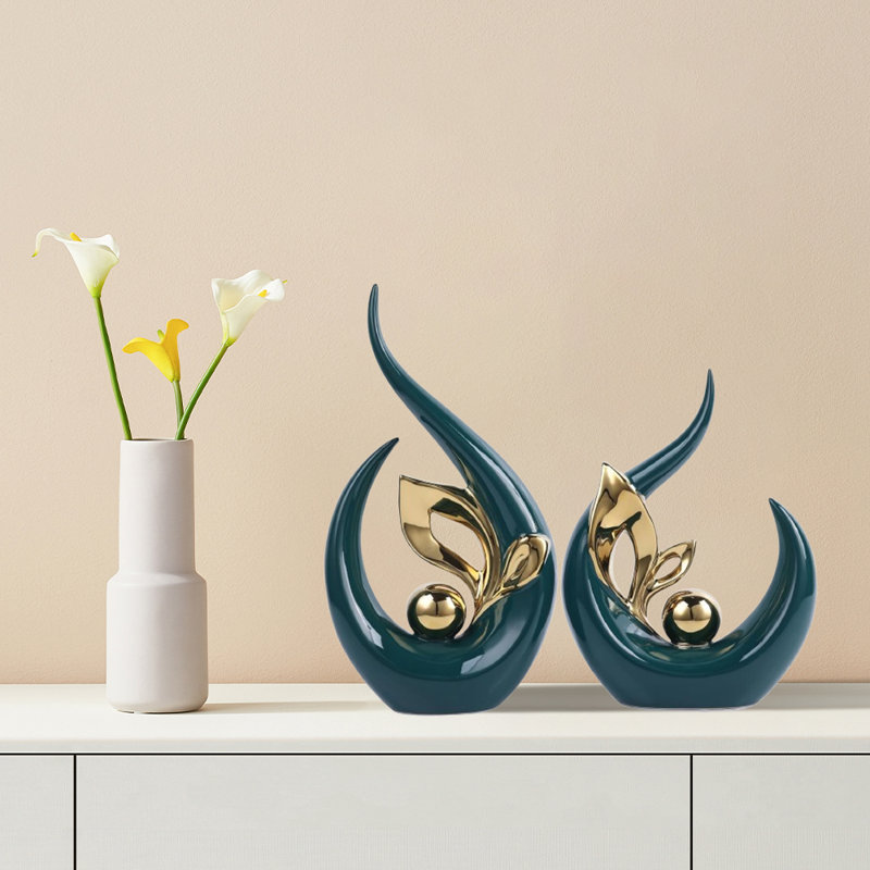Ensemble de décoration de table en céramique (2 pièces, grandes et petites) - Élégante décoration intérieure, Vert/doré