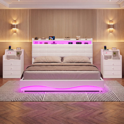 3 Piece Bedroom Set With Bed And 2 Nightstands, White