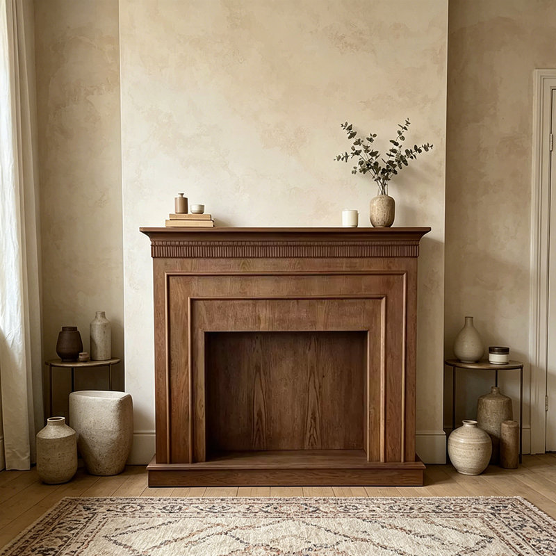 Nut-Brown Solid Wood Freestanding Fireplace