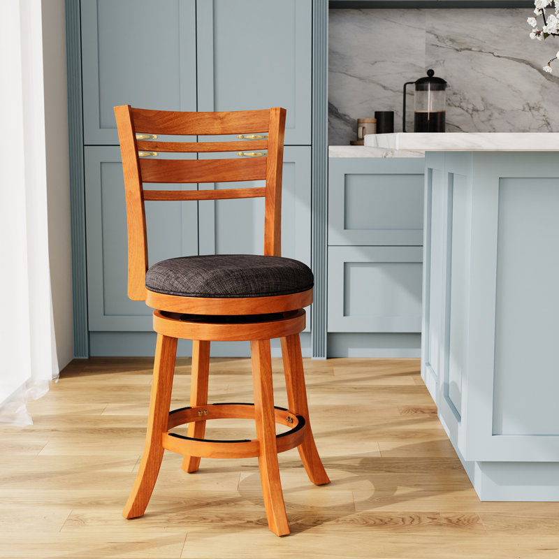 Tabouret pivotant de 24 po à hauteur de comptoir avec dossier à lattes - Finition naturelle, tissu gris anthracite