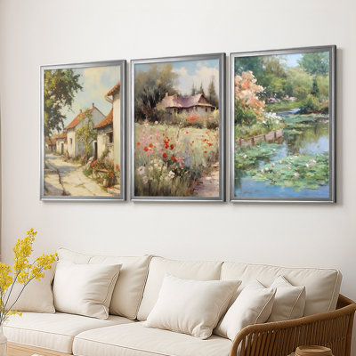 Vintage Landscape XCVIII  -Custom Framed  Wrapped Gallery Canvas - 3 Pieces