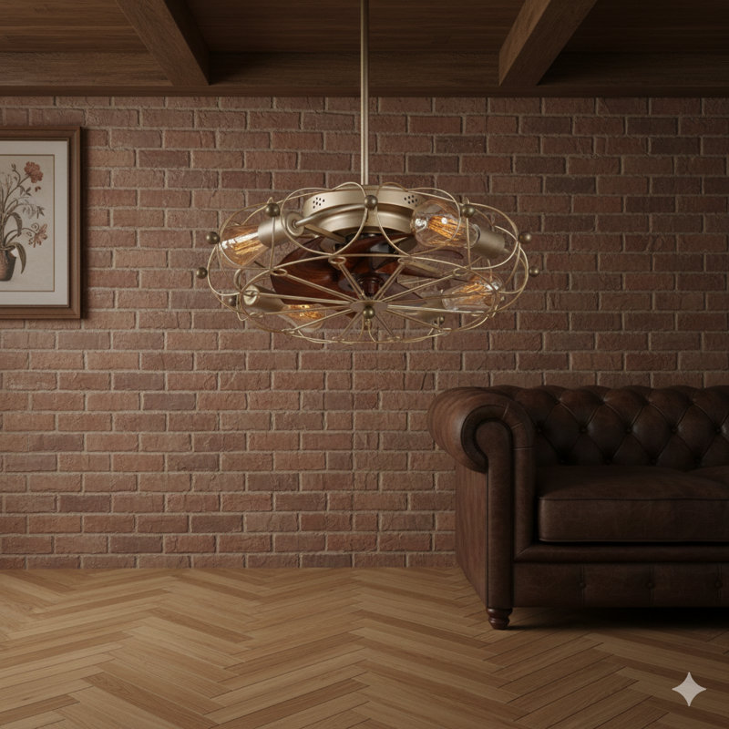 Un ventilateur de plafond à profil bas avec éclairage intégré, avec une conception en cage, une télécommande et un style industriel moderne conçu pour être encastré.