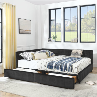 Grand lit capitonné avec rangement capitonné, cadre de canapé-lit avec dossier et accoudoirs confortables, grand lit pour chambre à coucher, salon, velours, noir (85,5 po x 64,5 po x 29,5 po)