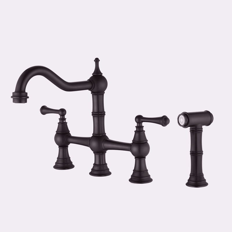 Bridge Dual Handles Kitchen Faucet With Pull-Out Side Spray, Matte Black