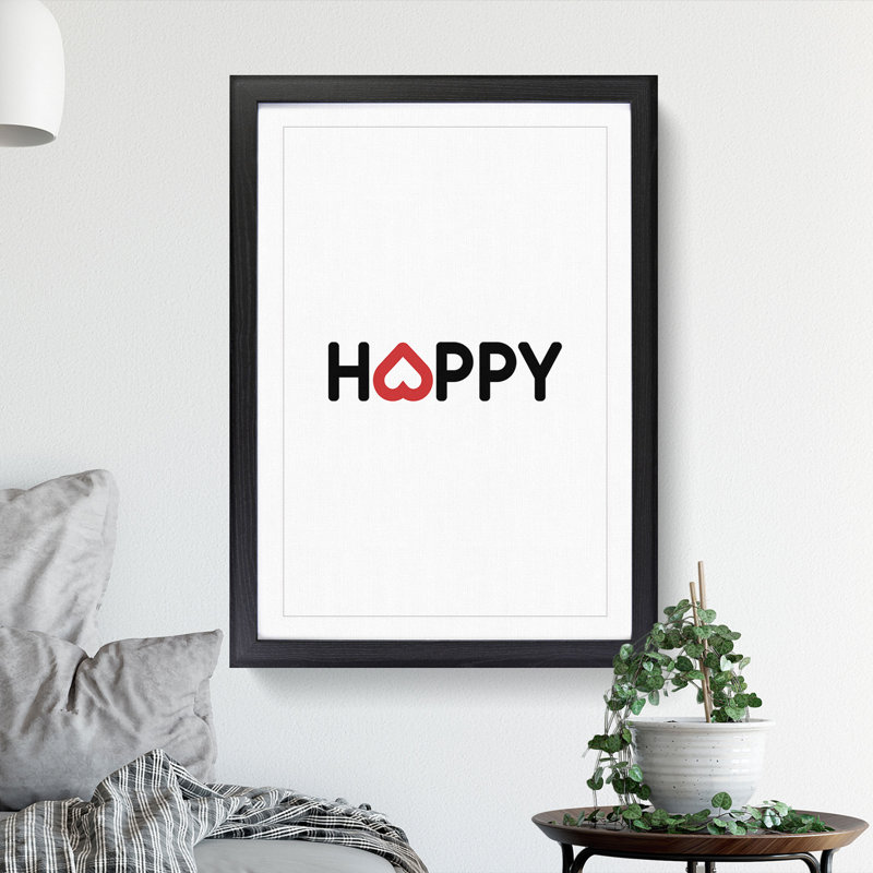 Happy - Picture Frame Typography, 65cm H x 48cm W x 2cm D, Black Framed
