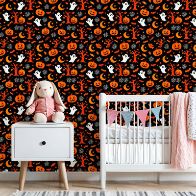 Peel and Stick Wallpaper Halloween Ghosts Pumpkins Bats Spiderwebs Black Ghosts Contact Paper Removable Self Adhesive Wall Mural Wall Decor for Bedroom Kitchen Cabinets 24in x 118in