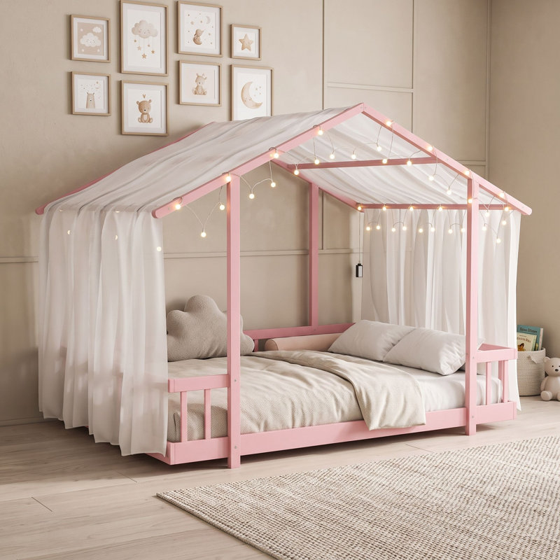 Lit plateforme avec baldaquin et guirlandes lumineuses décoratives, Lit double, Rose