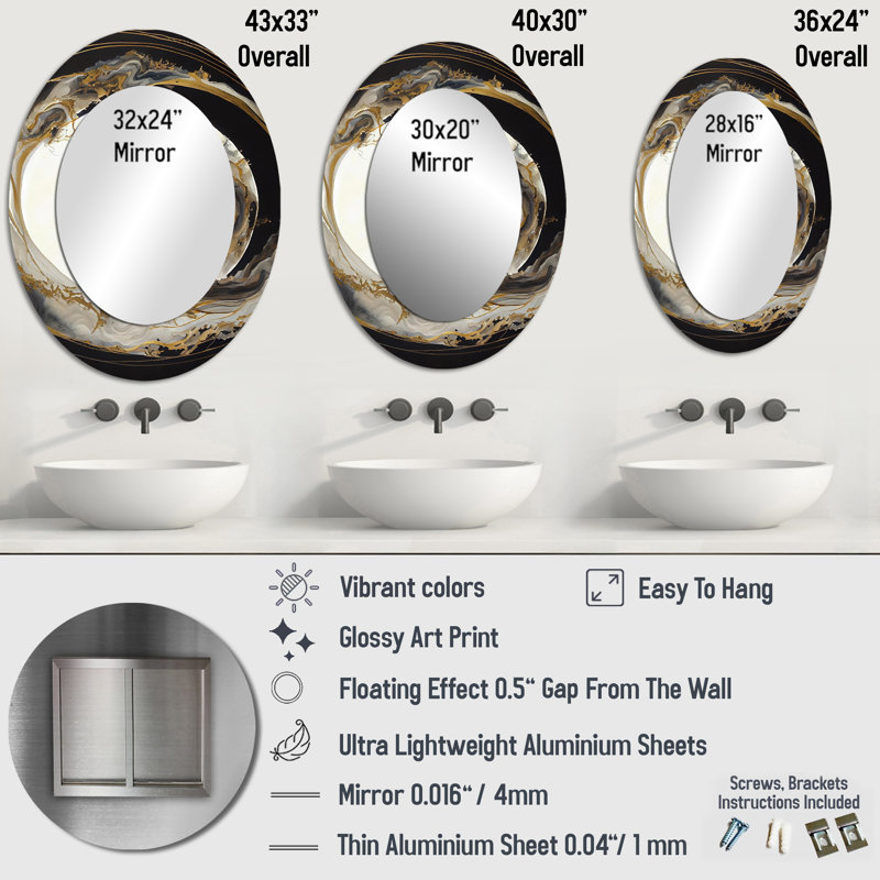Gold Glamour Wave I - Large Oval Wall Mirror On Metal, 36" x 24"