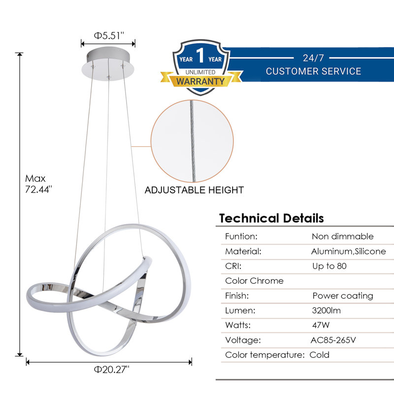 Luminaire suspendu moderne avec anneaux irréguliers, Nickel