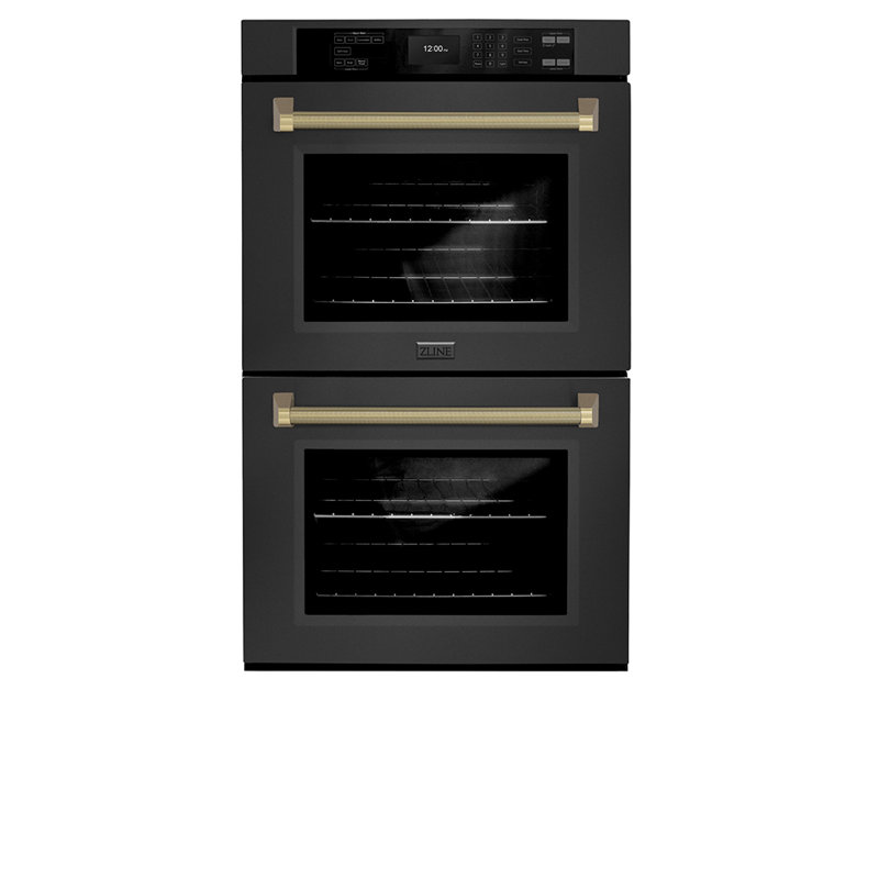 ZLINE Autograph 30 in. True Convection Double Wall Oven in Black Steel with Bronze Helix Handles