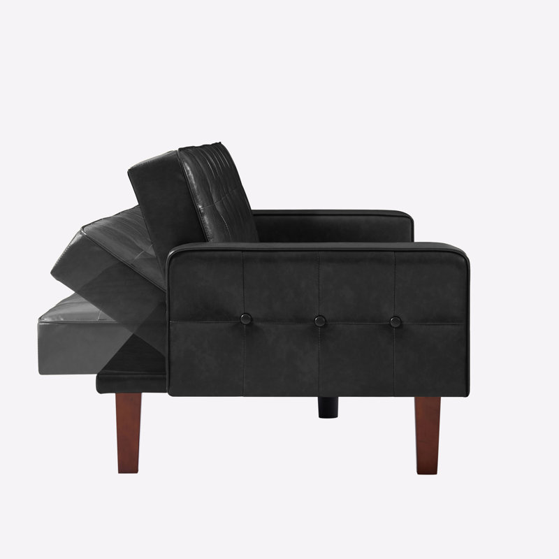74.4'' Faux Leather Square Arm Sofa Bed, Faux Leather Black, 74.4" W x 29.13" H x 32.67" D